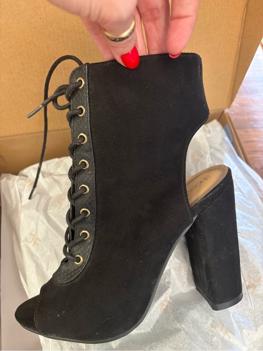 Black Suede Lace-Up Open-Toe Block Heel Bootie